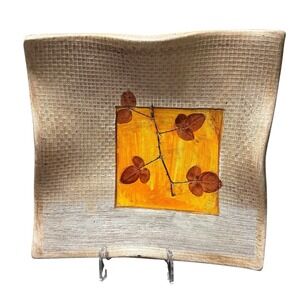 Vintage Studio Pottery Square Plate Pressed Leaf Textured Art Pottery Dish